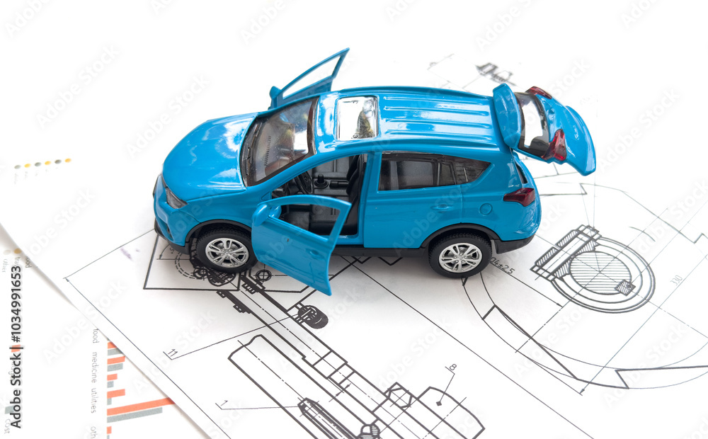 Finance commerce concept for car purchase loan or insurance. Image of blue car on white background. Finance commerce concept for car purchase loan or insurance. Image of blue car on white background.