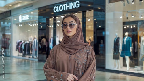 Saudi Arabian Muslim woman in stylish hijab and elegant abaya poses confidently in a modern shopping mall. Fashion and lifestyle concept