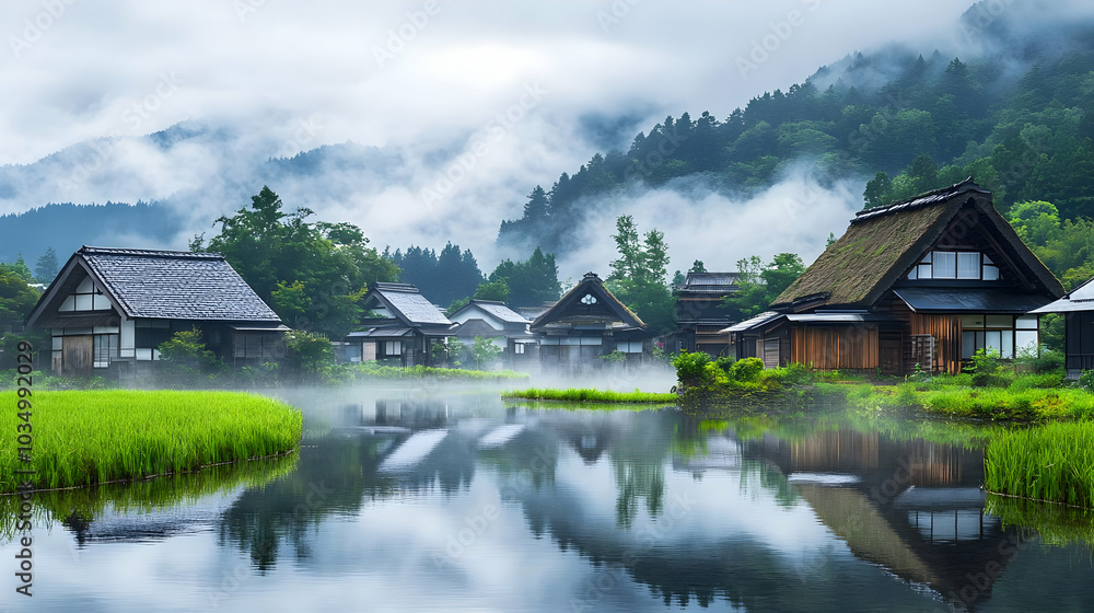 Fototapeta premium Traditional Houses Reflecting on a Serene Lake, Surrounded by Lush Green Foliage and Misty Mountains