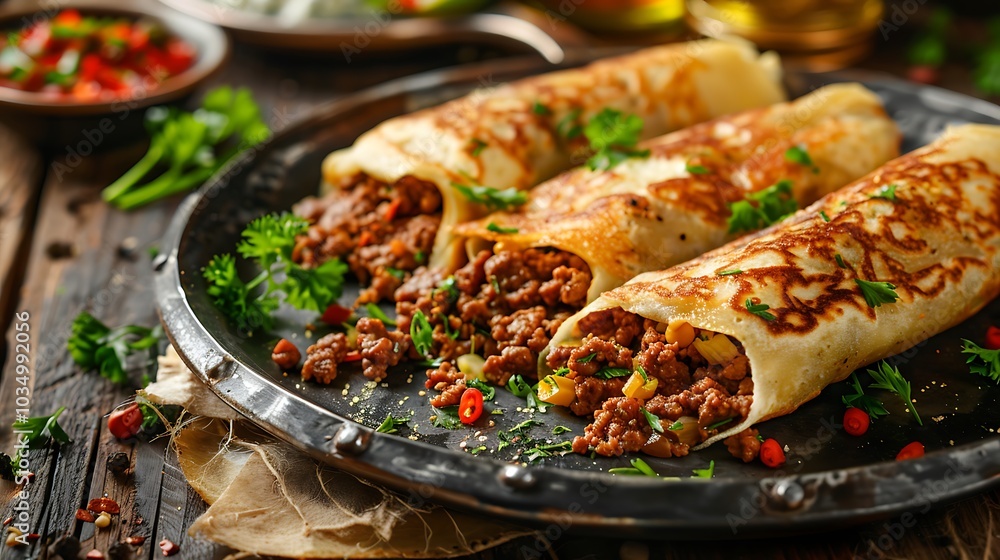 A plate of heated crepes filled with beef mince or crops A plate of heated crepes filled with beef mince or crops