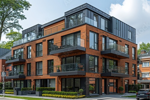 Modern brick apartment building with balconies.