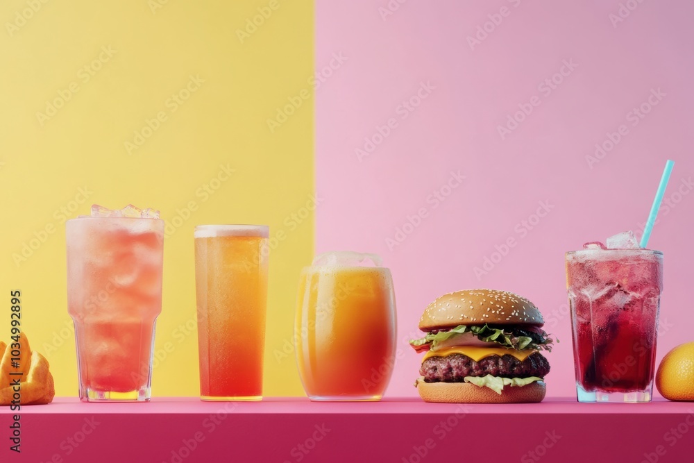 A vibrant arrangement of drinks and a cheeseburger on a lively, minimalist background showcases casual dining options for any day. Generative AI A vibrant arrangement of drinks and a cheeseburger on a lively, minimalist background showcases casual dining options for any day. Generative AI