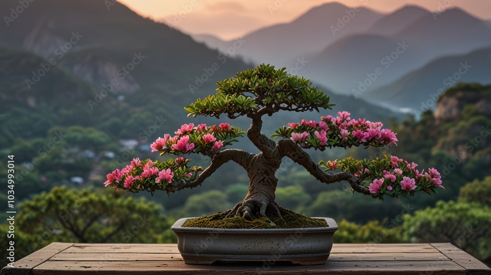 A bonsai tree with pink flowers in a pot on a wooden table, with a mountain range in the background at sunset. A bonsai tree with pink flowers in a pot on a wooden table, with a mountain range in the background at sunset.