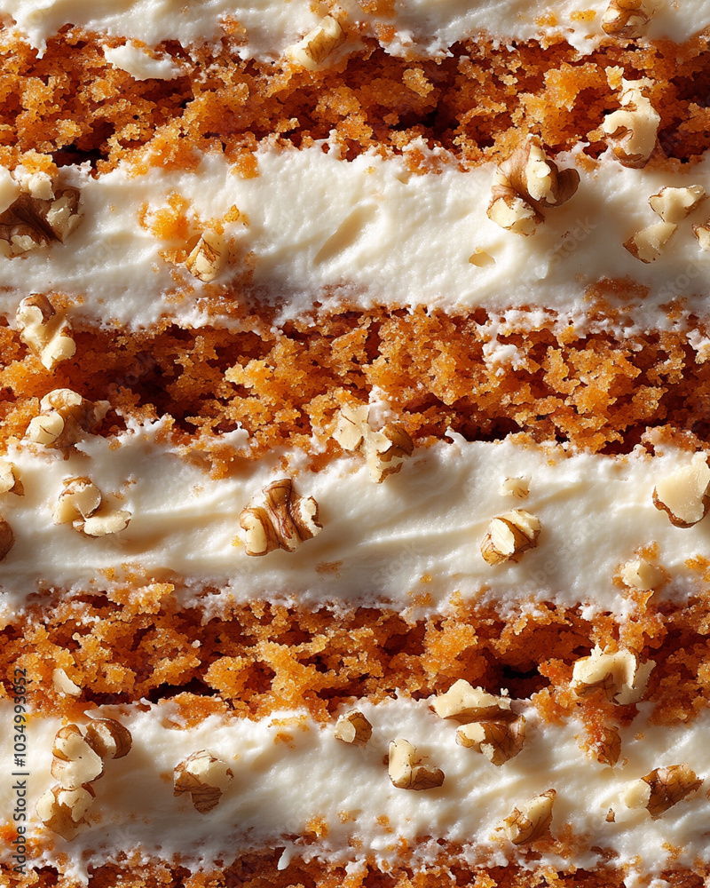 an extreme close-up, parallel horizontal front view, surface of a sliced carrot cake, filling the entire frame with its intricate layers an extreme close-up, parallel horizontal front view, surface of a sliced carrot cake, filling the entire frame with its intricate layers