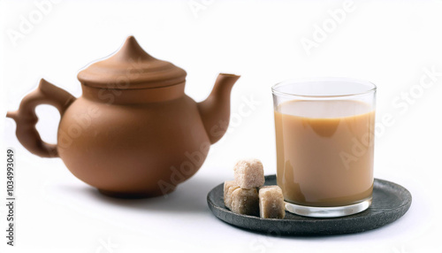 Indonesian Teh Poci: A classic Javanese tea, served in an earthy clay teapot, accompanied by a glass of the brew and rock sugar cubes. A perfect moment of tranquility. photo