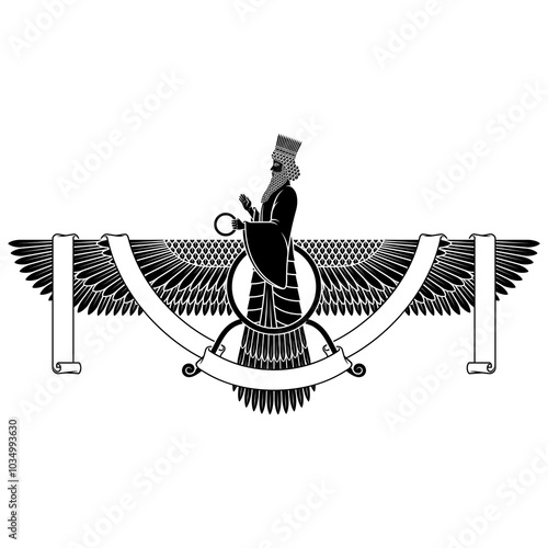 Zoroastrian winged solar disk with ribbon photo