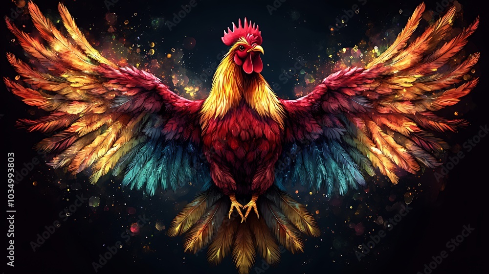 Fototapeta premium A colorful rooster with its wings spread wide, against a dark background with sparkling lights.