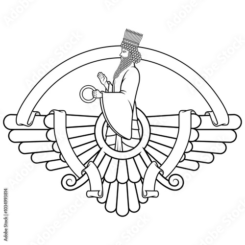 Zoroastrian winged solar disk with ribbon photo