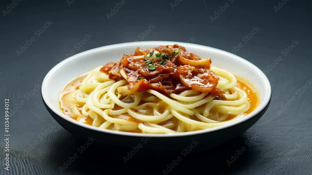 carbonara pasta video with 360 degree rotation, low key lighting, side view, and charcoal gray background carbonara pasta video with 360 degree rotation, low key lighting, side view, and charcoal gray background