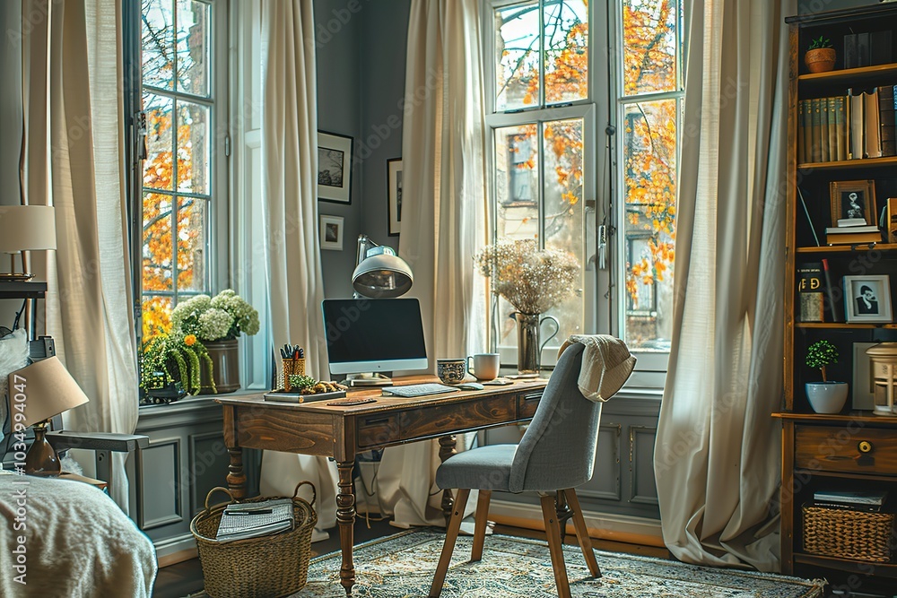 Cozy home office space with a desk, chair, and bookshelf. Cozy home office space with a desk, chair, and bookshelf.