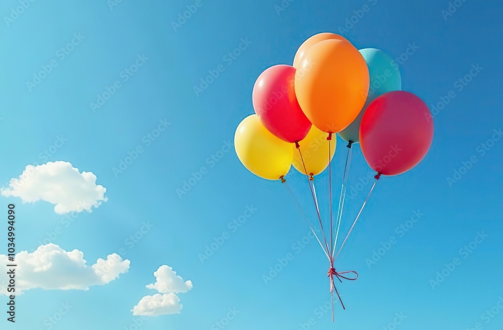 Brightly colored balloons and confetti floating in a blue sky Brightly colored balloons and confetti floating in a blue sky