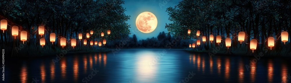 A serene night scene with floating lanterns by a calm lake under a luminous full moon, creating a magical atmosphere.