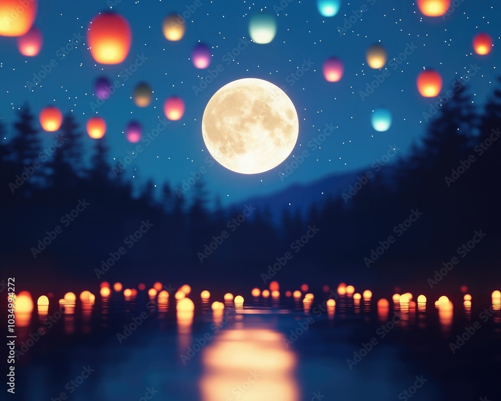 Fototapeta premium A serene night scene with glowing lanterns and a bright full moon illuminating the calm waters and forest silhouettes.