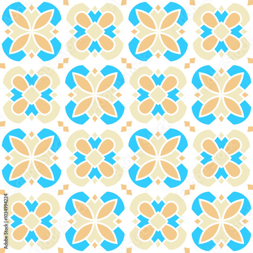 Hand drawn seamless pattern of square ceramic tile. Ornate patchwork pattern design. Typical Mediterranean floor and wall tiles in different patterns and design in blue, brown yellow and white color