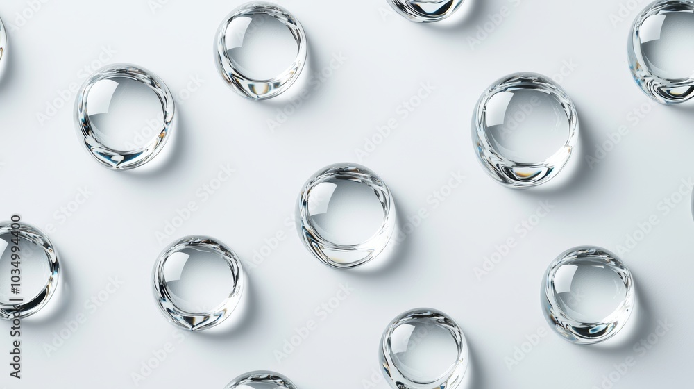 Macro shot of transparent water drops on a glossy white background, each drop perfectly rounded, creating a calming pattern, top view Macro shot of transparent water drops on a glossy white background, each drop perfectly rounded, creating a calming pattern, top view