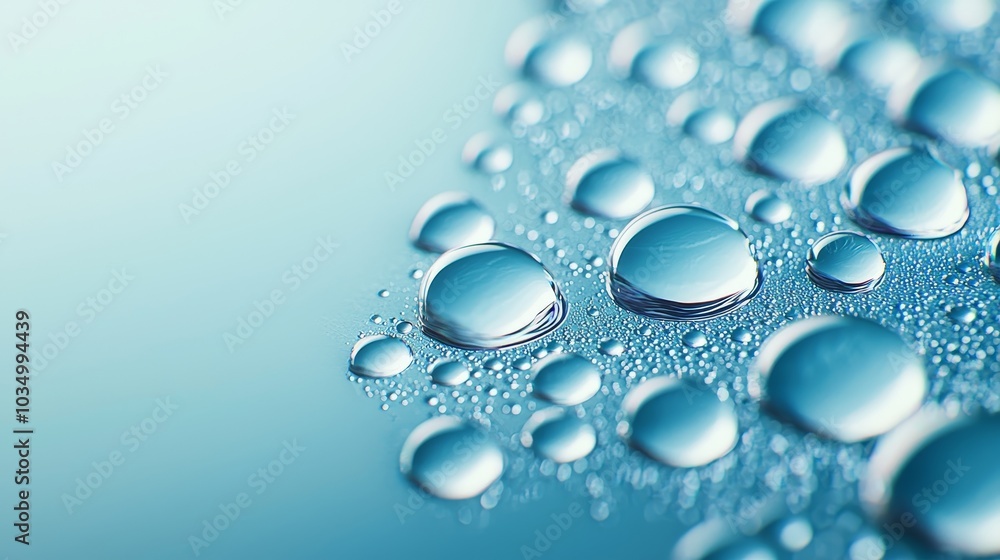 Macro shot of water drops forming intricate patterns on a soft blue backdrop, perfect for conveying freshness and purity Macro shot of water drops forming intricate patterns on a soft blue backdrop, perfect for conveying freshness and purity