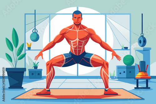 Athletic Man Performing Squats in a Modern Home Gym Setting