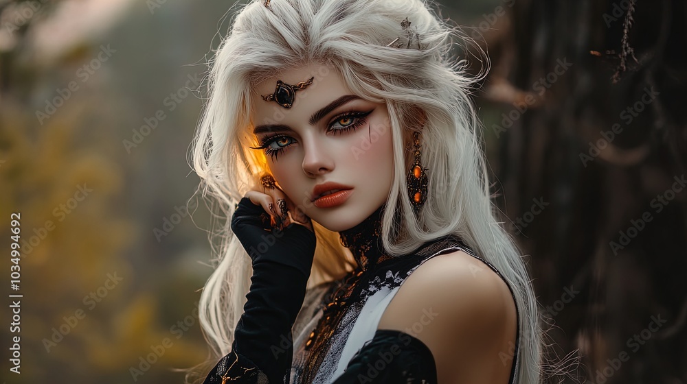 A striking portrait of a female figure with long, flowing white hair, elegantly styled to frame her face. She has bold, defined features, including high cheekbones and captivating, smoky eyes that giv A striking portrait of a female figure with long, flowing white hair, elegantly styled to frame her face. She has bold, defined features, including high cheekbones and captivating, smoky eyes that giv