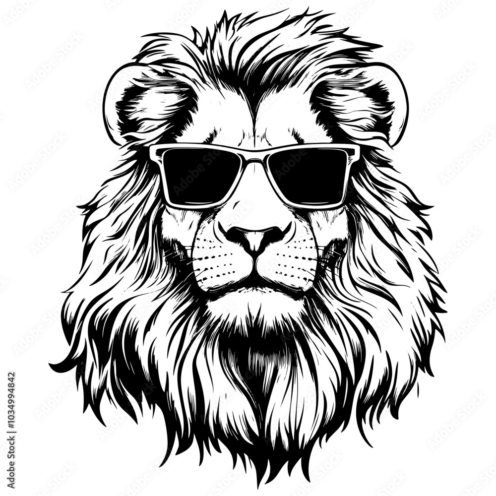 Lion in sunglasses. Vector animal portrait. Cool cat head. Hipster face tattoo drawing isolated on white background. King leo design Lion in sunglasses. Vector animal portrait. Cool cat head. Hipster face tattoo drawing isolated on white background. King leo design