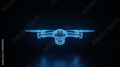 drone in holographic blueprint view isolated on black background photo