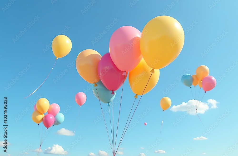 Brightly colored balloons and confetti floating in a blue sky Brightly colored balloons and confetti floating in a blue sky