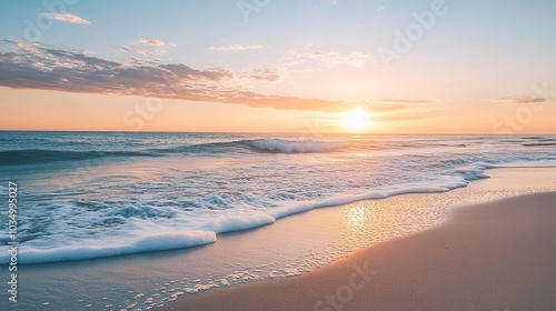 Serene Sunset Over Calm Ocean Waves at Beach