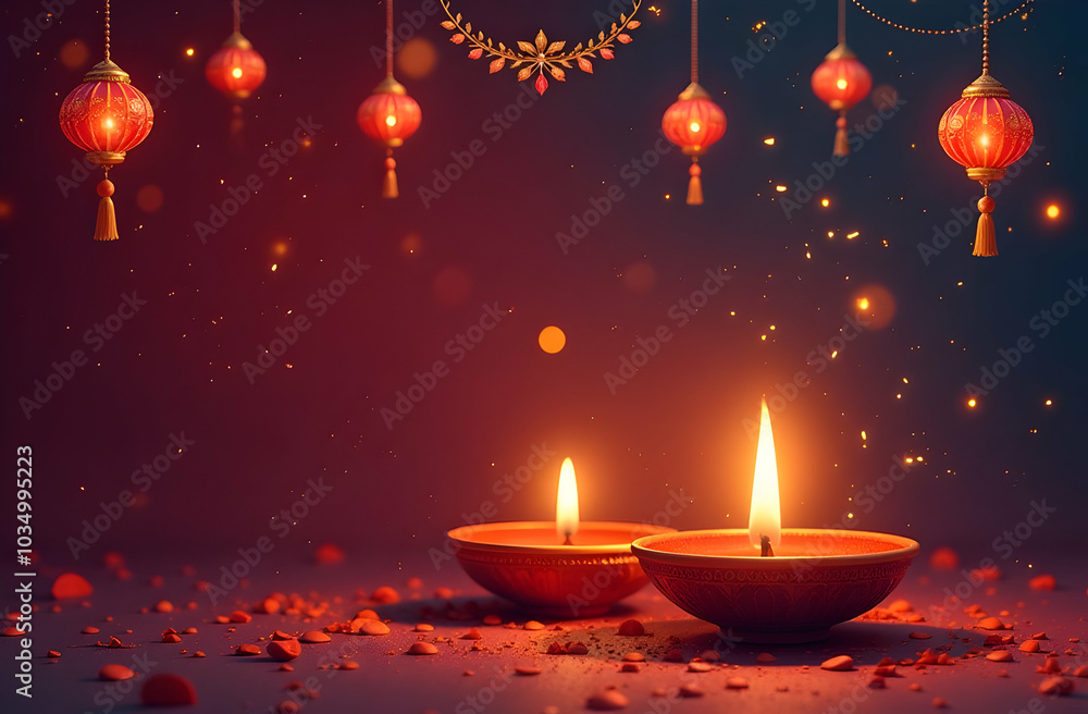 Traditional Indian diya oil lamp, a clay candle in honor of Diwali, the Hindu festival of light, on a blue background with a replica of a copy space Traditional Indian diya oil lamp, a clay candle in honor of Diwali, the Hindu festival of light, on a blue background with a replica of a copy space