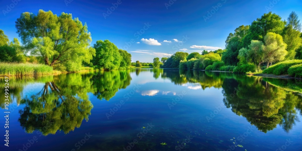 Fototapeta premium Still waters mirror vibrant greenery and a clear blue sky, embodying a peaceful scene that invites contemplation and embodies the essence of nature's tranquility.
