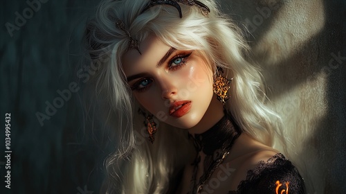 A striking portrait of a woman with flowing, platinum blonde hair that frames her face softly. Her skin is porcelain-like, complementing her vivid blue eyes that draw the viewer in. The woman wears da photo