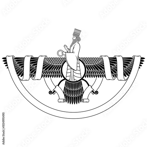 Zoroastrian winged solar disk with ribbon photo