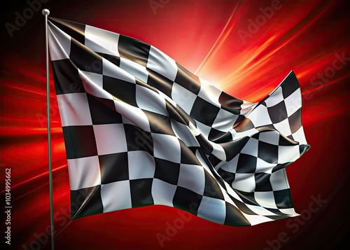 Striking checkered black and white racing flag against a bold red backdrop, perfect for automotive and motorsport themes, evoking speed, excitement, and competition. photo