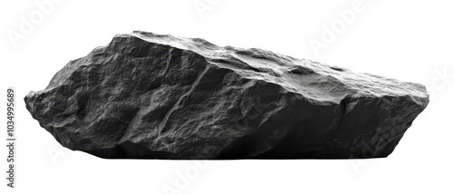 A textured black rock PNG isolated on transparent background, white background.