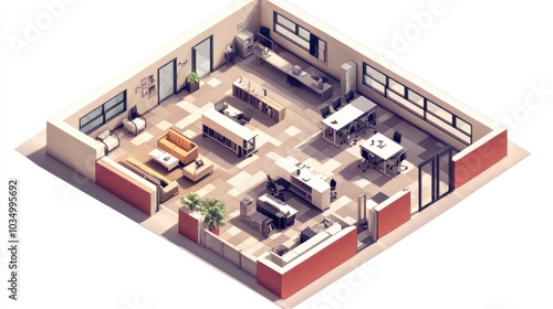 Isometric View of a Modern Office Space with Furniture and Windows