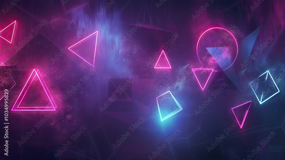 Neon geometric shapes in vibrant colors on a dark background. Concept of futuristic digital design and abstract art. Neon geometric shapes in vibrant colors on a dark background. Concept of futuristic digital design and abstract art.