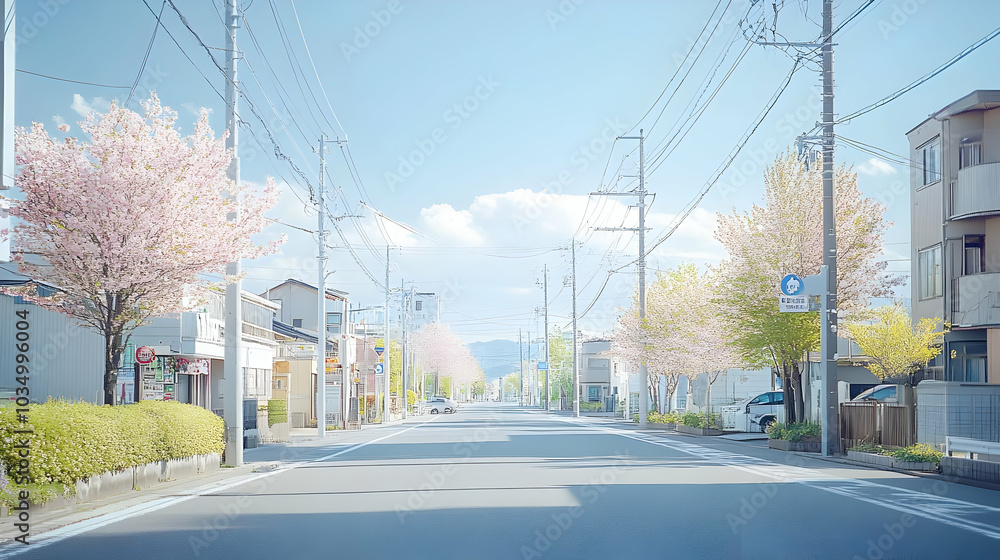Peaceful Street Scene with Cherry Blossoms and Blue Sky Peaceful Street Scene with Cherry Blossoms and Blue Sky