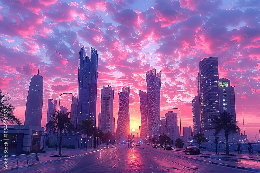Fototapeta premium Pink sunset over a modern city skyline.