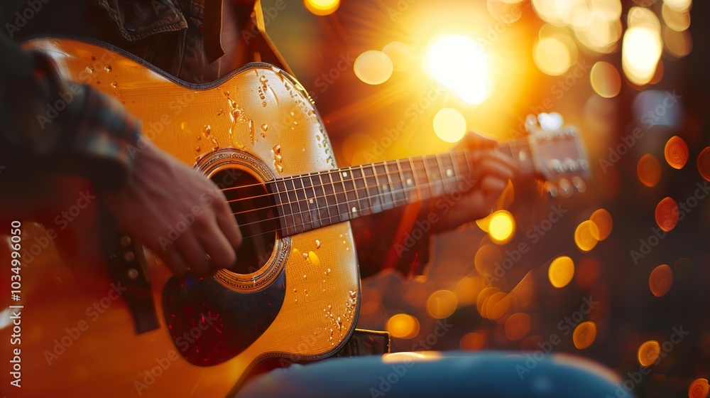 Obraz premium Acoustic Guitar Player at Sunset: A Moment of Musical Bliss