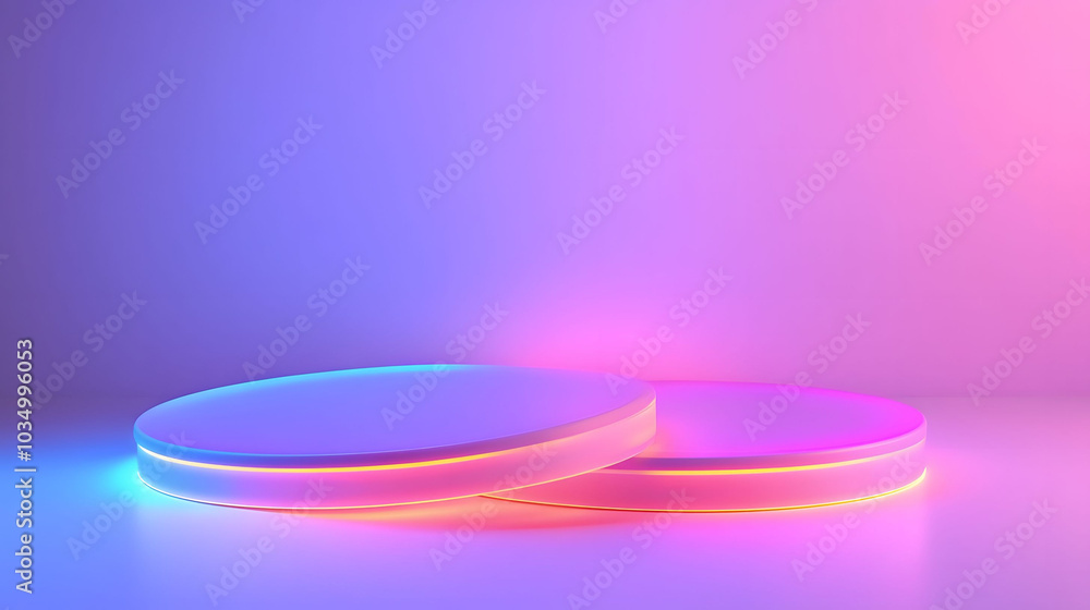Neon Plastic Podium, vibrant round structure, high contrast, glowing edges, striking close-up against a clean white backdrop Neon Plastic Podium, vibrant round structure, high contrast, glowing edges, striking close-up against a clean white backdrop