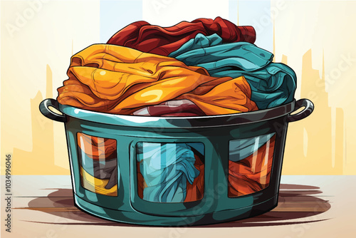 Clothes laundry basket. Cartoon dirty textile clothes pile in laundry basket vector illustration isolated on white background