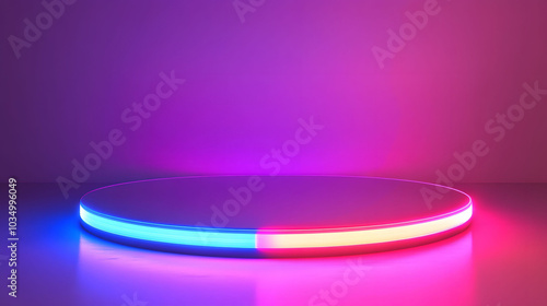 Neon Plastic Podium, vibrant round display, high contrast visuals, glowing edges, striking against a white backdrop, ideal for digital design use