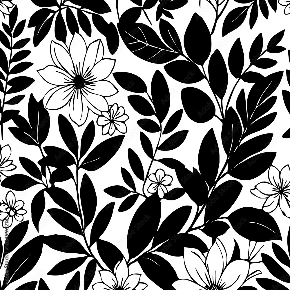 Black and white botanical pattern. For use in graphics, materials. Abstract plant shapes. Minimalist illustration for printing on wall decorations. Black and white botanical pattern. For use in graphics, materials. Abstract plant shapes. Minimalist illustration for printing on wall decorations.