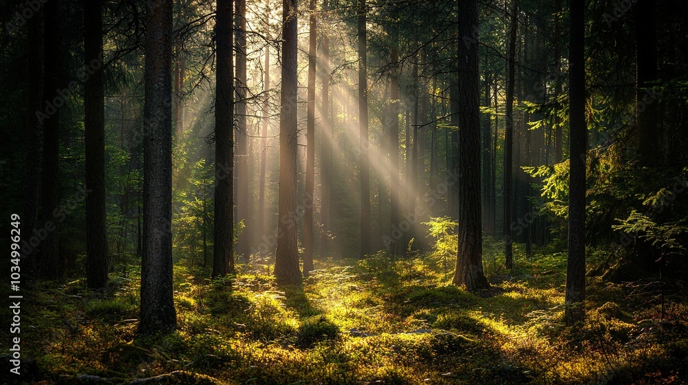 Fototapeta premium Rays of Light Through a Serene Forest Scene