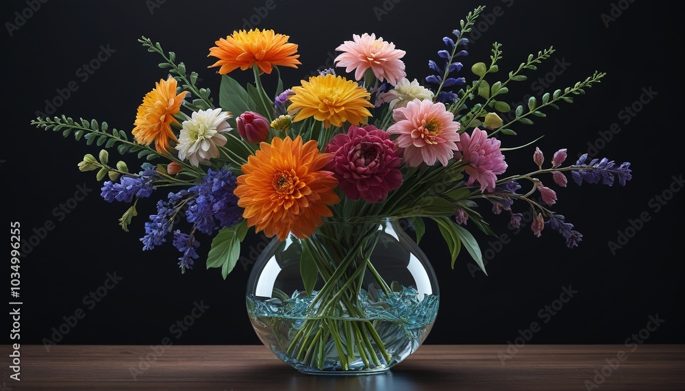 custom made wallpaper toronto digitalA beautiful floral arrangement in a glass vase, set against a dark backdrop, accentuating its vibrant colors, Generative AI