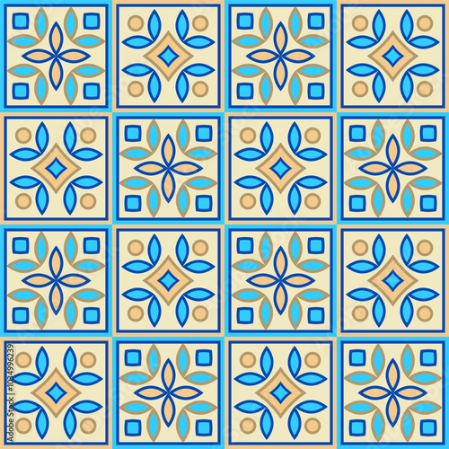 Hand drawn seamless pattern of square ceramic tile. Ornate patchwork pattern design. Typical Mediterranean floor and wall tiles in different patterns and design in blue, brown yellow and white color