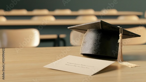 A graduation cap sits on a desk beside an invitation, symbolizing achievement and the transition to a new chapter in life. photo