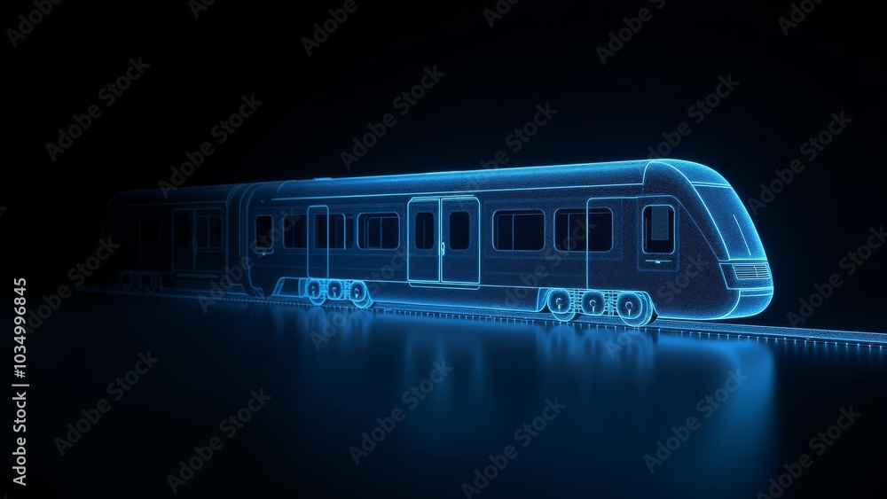 fast train hologram with blue light particles on dark background fast train hologram with blue light particles on dark background