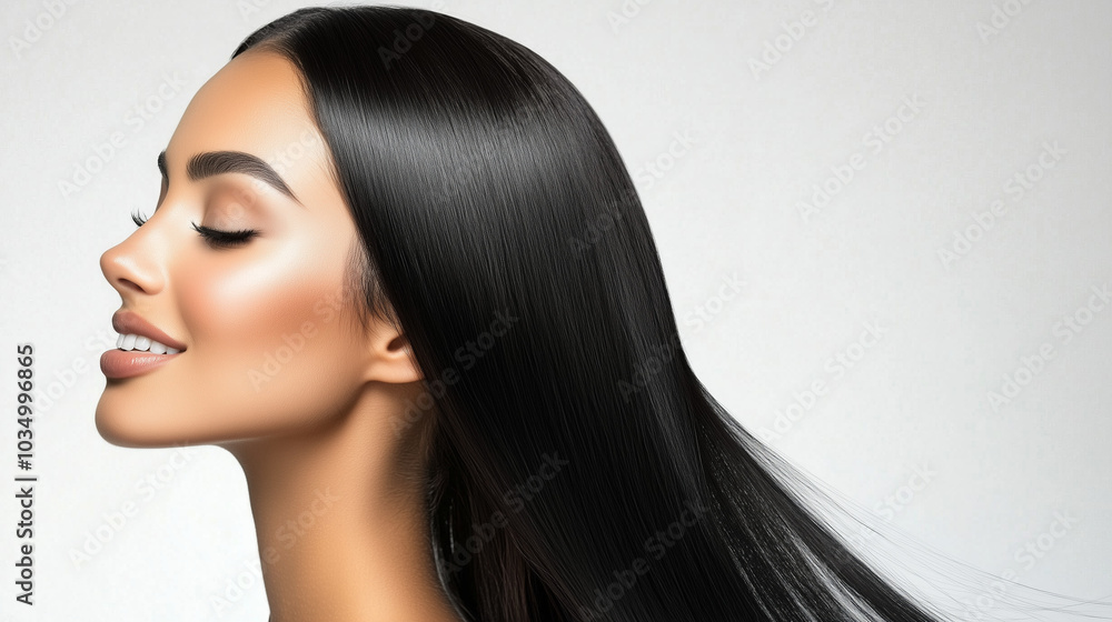 Sleek black hair with a healthy shine, Silky smooth hair after hair treatment. Cosmetics photo, beauty industry advertising photo. Sleek black hair with a healthy shine, Silky smooth hair after hair treatment. Cosmetics photo, beauty industry advertising photo.
