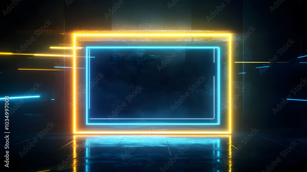Neon Motion Frame, Vibrant blue and yellow lights in a dynamic square frame, set against a stark black background, embodying a Cyberpunk aesthetic Neon Motion Frame, Vibrant blue and yellow lights in a dynamic square frame, set against a stark black background, embodying a Cyberpunk aesthetic