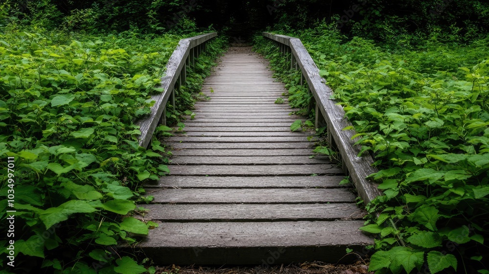 A serene wooden bridge surrounded by lush greenery, leading through a vibrant natural pathway into the depths of the forest, inviting exploration. A serene wooden bridge surrounded by lush greenery, leading through a vibrant natural pathway into the depths of the forest, inviting exploration.