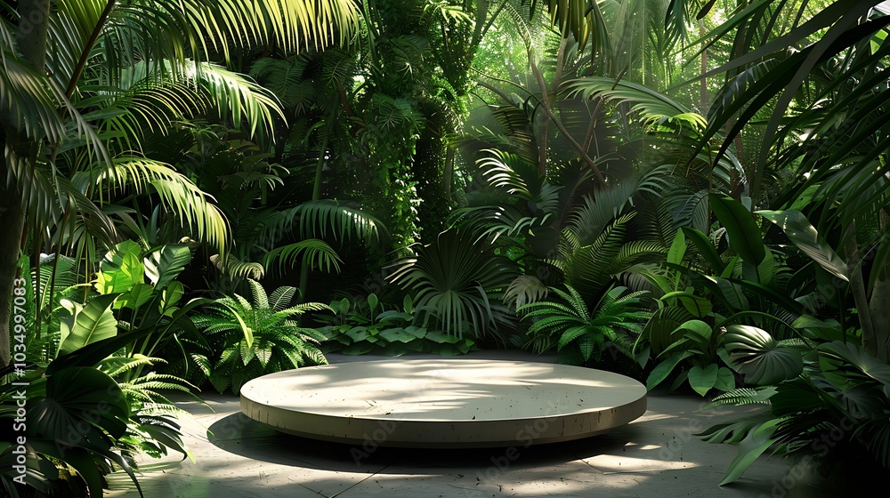A podium pedestal with lush greenery in a tropical jungle park A podium pedestal with lush greenery in a tropical jungle park